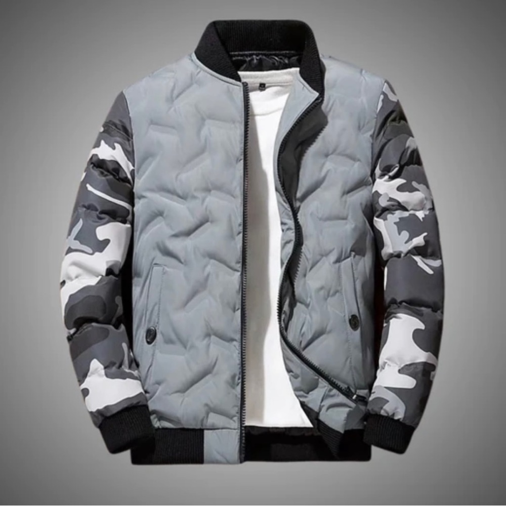 NWT Limitsix Gevino Camo Bomber Jacket gray in size Medium.